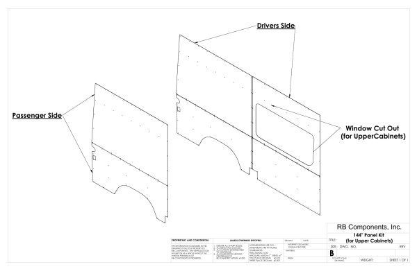 07-18 Sprinter Van Wall Liner Kit, 144" High Roof, Plywood (for upper cabinets)