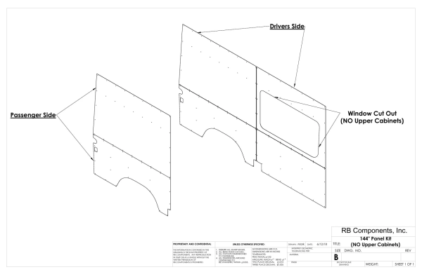 2019+ Sprinter Van Wall Liner Kit, 144" High Roof, Plywood (for no upper cabinets)
